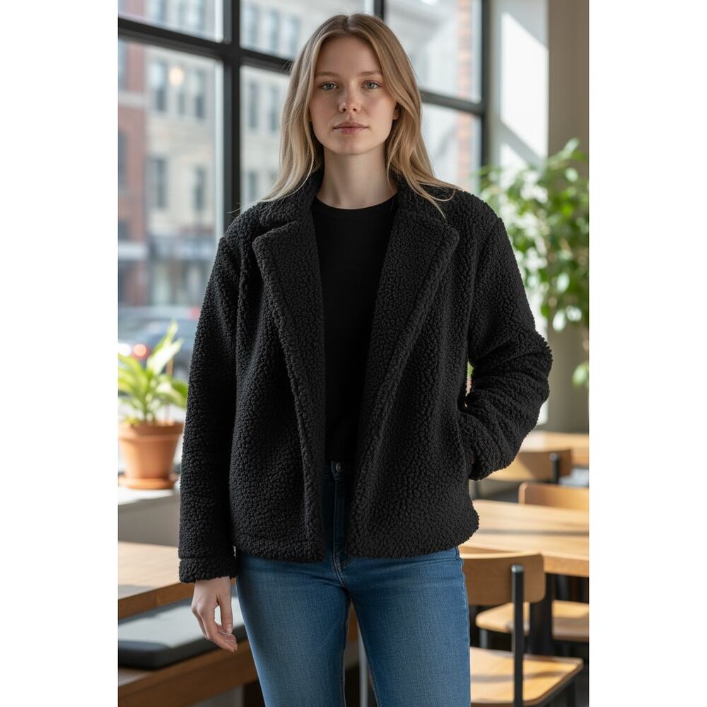 2/$30 14th & Union Jacket Black Faux Shearling Open Front Size S Fuzzy Comfy